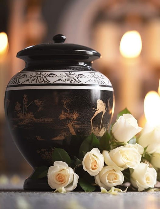Photo of an urn next to some fresh white roses